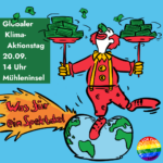 Ein Clown balanciert auf einem zerberstenden Erdball Geldscheine auf Tellern