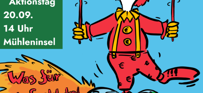Ein Clown balanciert auf einem zerberstenden Erdball Geldscheine auf Tellern
